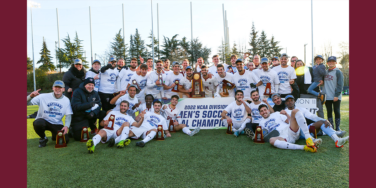 Mens Soccer with 2022 National Championship Trophy