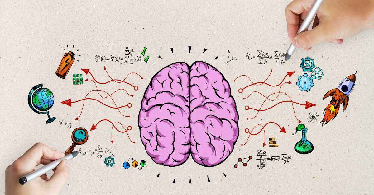 image of a brain with multiple ideas and graphics presented